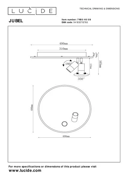 Lucide JUBEL - Plafonnière - Ø 40 cm - LED - CCT - 2700K - Zwart chroom - technisch